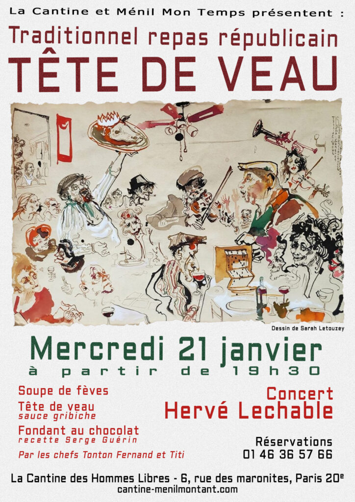 Repas tête de veau, mer 21 jan 2026 à la Cantine ds Hommes Libres, Ménilmontant